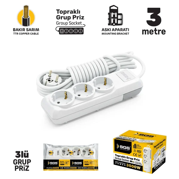 GRUP PRİZ TOPRAKLI ÜÇLÜ 3 METRE