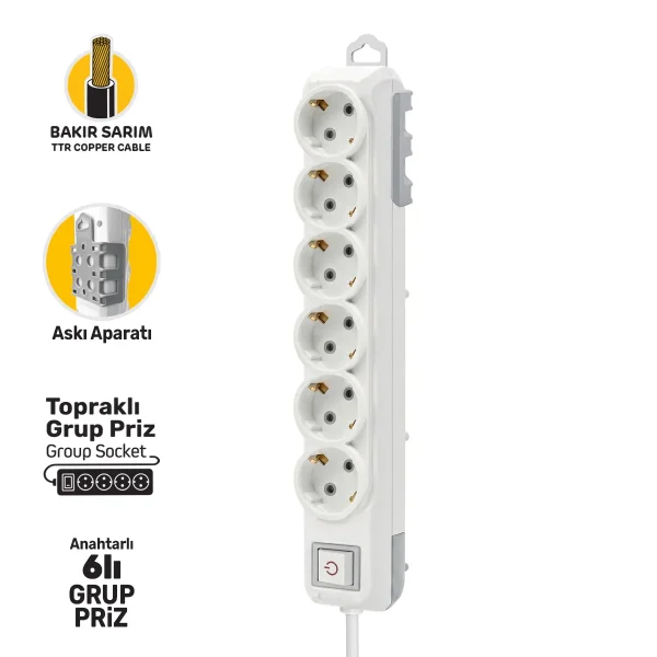 6084SGS_6A.webp GRUP PRİZ TOPRAKLI ANAHTARLI ALTILI 2 METRE